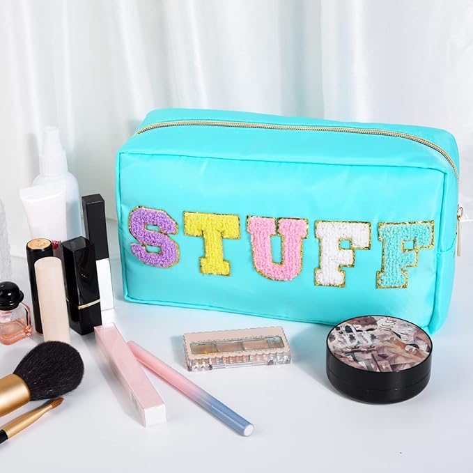SOIDRAM Preppy Makeup Bag Nylon Cosmetic Bag Blue Stuff Makeup Pouch for Women Travel Toiletry Bag Organizer Cute Makeup Brushes Storage Bag with Chenille Letter Patches