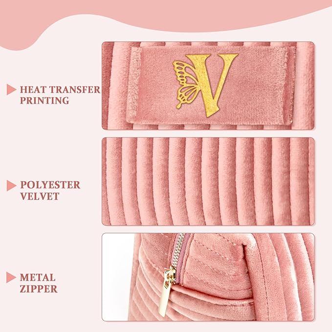 COSHAYSOO Birthday Gifts for Teens College Big Sister Girls Trip Gifts Favors Travel Makeup Bag Quilted Make Up Pouch Initial Velvet Cosmetic Case with Butterfly Decorations for Women Pink Letter V