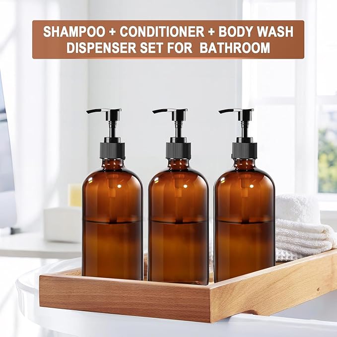 4 Pack 8 oz Amber Glass Pump Bottles, Boston Round Bottles with Pumps for Lotion, Soap, Massage Oils, Refillable Containers with Caps