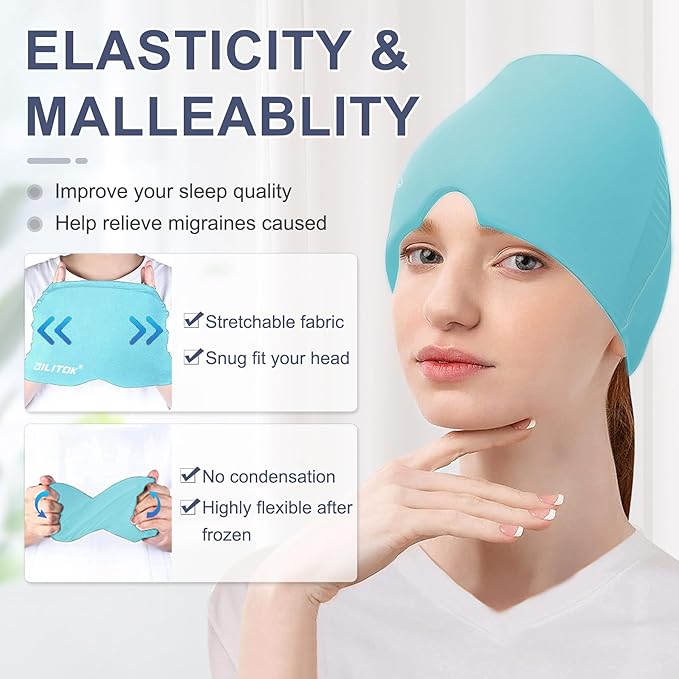 EXQUISLIFE Migraine Headache Relief Cap, Gel Ice Head Wrap, Hot and Cold Therapy, Headache Eyes Mask for Sinus, Puffy Eyes, Tension and Stress Relief (Blue)