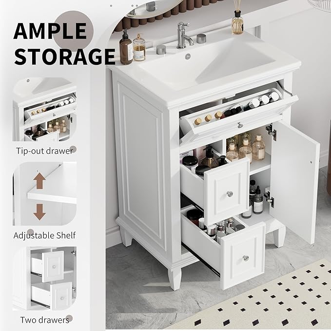 Harper & Bright Designs 24" Bathroom Vanity with Sink, Free Standing Single Basin Vanity Set with Tip-Out Drawer, 2 Drawers, and One Door, Wood Bathroom Cabinet with Ceramic Basin for Bathroom, White