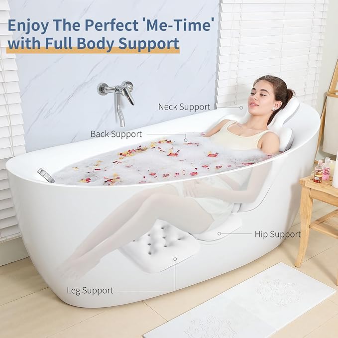 Luxury Bath Cushion, Full Body Bathtub Pillow with 160 Suction Cups, Bath Mat for Head and Neck Support, with Laundry Bag (White, 56" x 16")