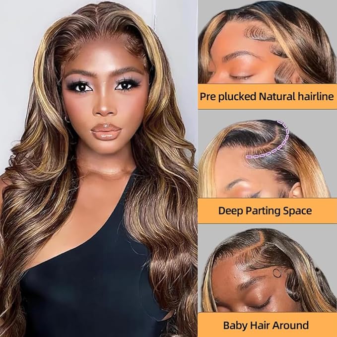 Sunelk 13x6 Lace Front Wigs Human Hair 200 Density Honey Blonde Ombre Highlight Body Wave Lace Front Wigs Human Hair Pre Plucked HD Lace Frontal Glueless Wig for Women 4/27 Colored 22 Inch