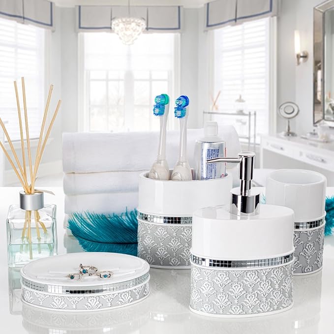 Creative Scents Mirror Damask Small Bathroom Trash Can 1.58 Gal / 6L - Decorative Oval White and Gray Waste Basket - Durable Bathroom Wastebasket - Waste Bin for Powder Room Or Bedroom