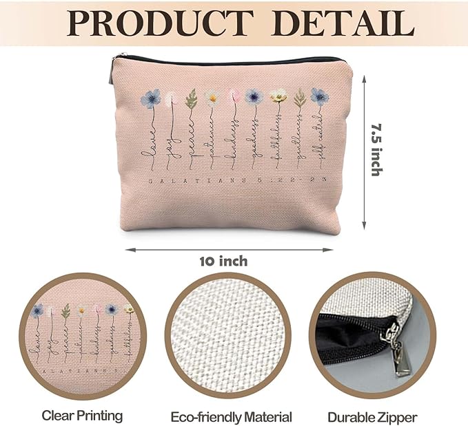 Christian Gifts Makeup Bag, Floral Christian Cosmetic Bags for Women, Galatians 5:22-23 Bible Verse Makeup Pouch, Faith Based Gifts Zipper Pouch(light pink)