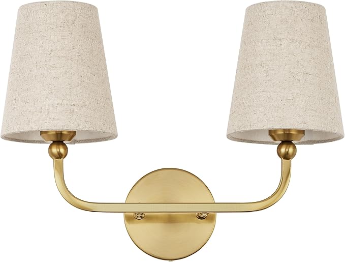 2-Light Bathroom Light Fixtures, Brushed Gold Vanity Lights, Double Wall Sconce with Brown Fabric Shade, Modern Sconces Wall Lighting for Hallway Bedroom Stairway, VL837-BG-L-2