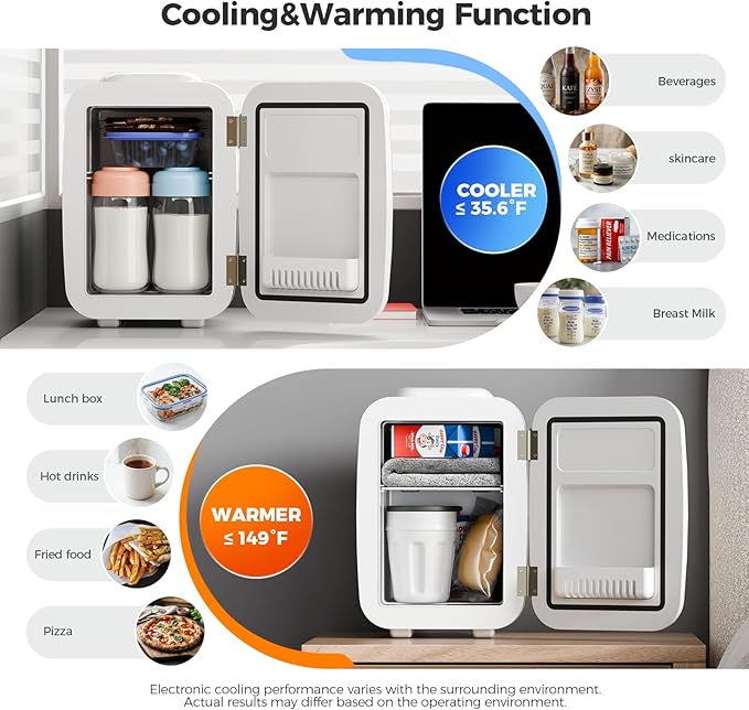 Mini Fridge, 4 Liter/6 Can Mini Makeup Fridge, 110V AC/ 12V DC Portable Thermoelectric Cooler&Warmer for Skincare, Drink, Cosmetic, Medicine, Small fridge for Bedroom, Office, Dorm, Car, White