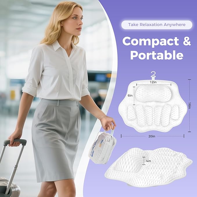Bath Pillows for Tub, Ergonomic Bathtub Pillow for Head & Neck Relaxation, 4D Air Mesh Bath Cushion with 6 Non-Slip Suction Cups, Fits All Bathtubs (White)