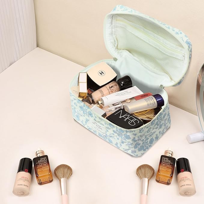 Large Makeup Bag, Cute Cosmetic Bag for Women Girls, Floral Coquette Aesthetic Toiletry Bag, Travel Make Up Organizer Bag (Blue Butterfly)