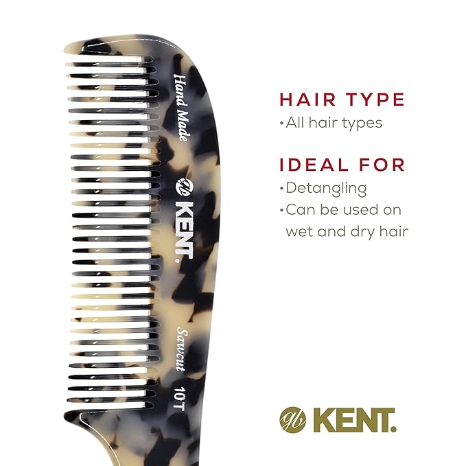 Kent 10T TW Large Handmade Wide Tooth Detangling Rake Comb - For Curly, Wet or Dry Thick Hair - Smooth and Comfortable