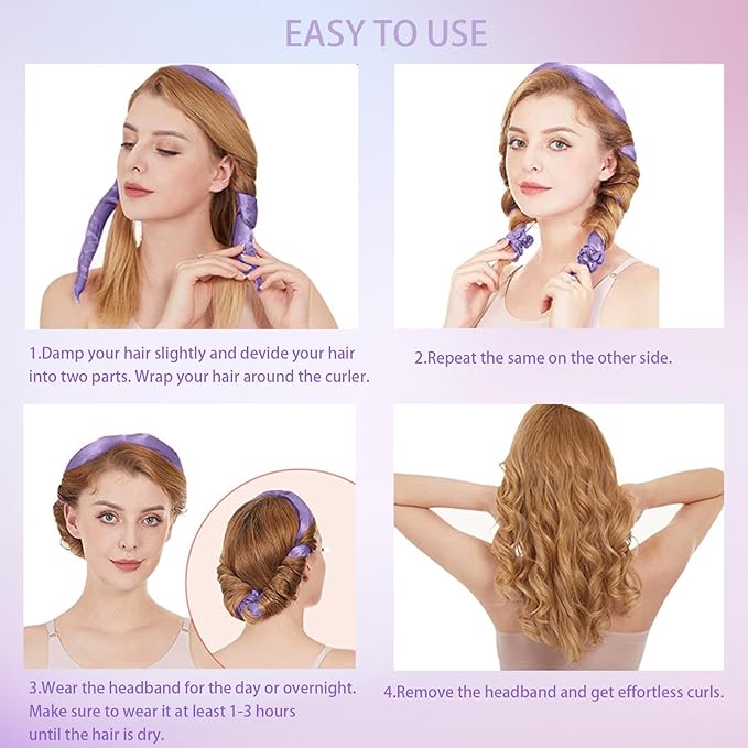 Heatless Curling Rod Headband, 63inch Purple Long Heatless Curls Headband, Soft Hair Curlers to Sleep In(Gold)
