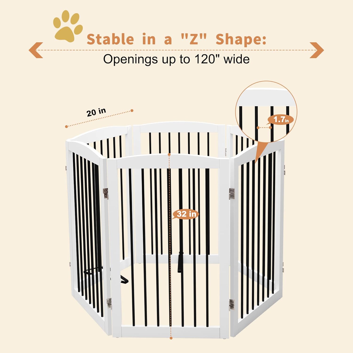 Freestanding Pet Gate for Dogs, Indoor Wooden Foldable Dog Gate for House, Extra Wide, Pet Fence for Stairs, Doorways, Halls, Support Feet Included, 120 Inch Wide, 6 Panels 32",White