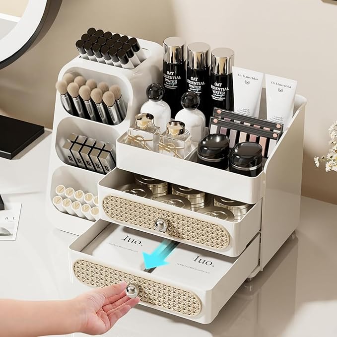 Makeup Organizer with Drawers for Vanity,Spacious Cosmetic Display Case,Perfect Storage Solution for Your Beauty Essential (All White)