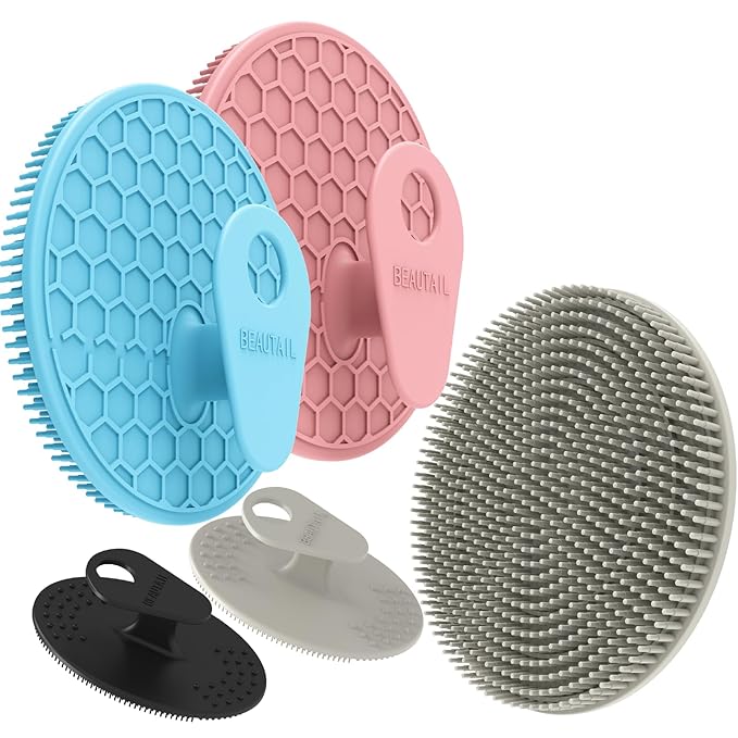 Silicone Body and Face Scrubber Set 5 Pack, BEAUTAIL Shower Bath Scrubber, Gentle Exfoliating Brush for Women Men Sensitive Skin, More Hygienic Than Traditional Loofah, Long Lasting, Pink+Blue+Gray