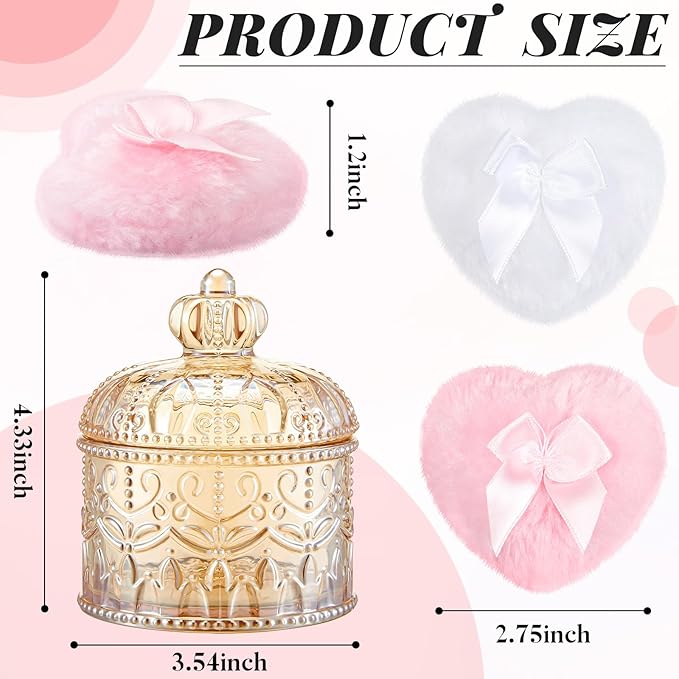 Tioncy 3 Pcs Large Body Powder Puff with Container, Soft Velour Washable Reusable Face Powder Puffs, Wet Dry Use, Makeup Crystal Case Gift for Women(Crown, Amber)