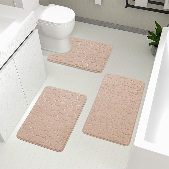 YIHOUSE Bathroom Rugs Mat Set 3 Piece Khaki, Memory Foam Bath Mats Sets, Non Slip Water Absorbent Washable Bath Rugs for Sink, Toilet and Floor