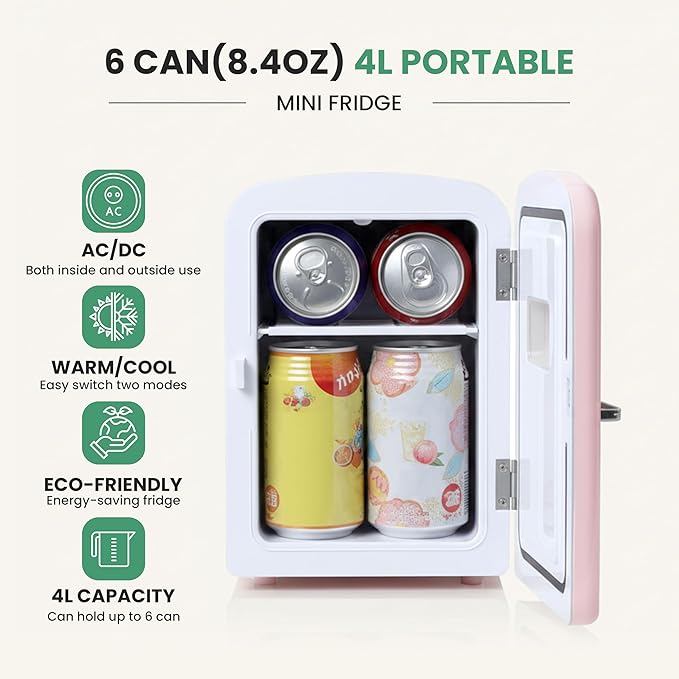 YSSOA 4L Mini Fridge with Observation Window, Portable Warmer & Cooler Six 12oz Cans Compact Refrigerator, 100% Eco Friendly and Freon-Free, Pink
