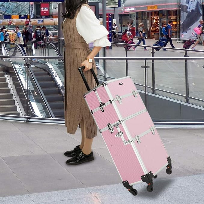 mefeir 2 in 1 Rolling Makeup Train Case, Makeup Travel Organizer Cosmetology Case, Aluminum Cosmetic Display Suitcase on Wheels, Beauty Storage Luggage Lockable w/4 Removable Wheels (Pink)