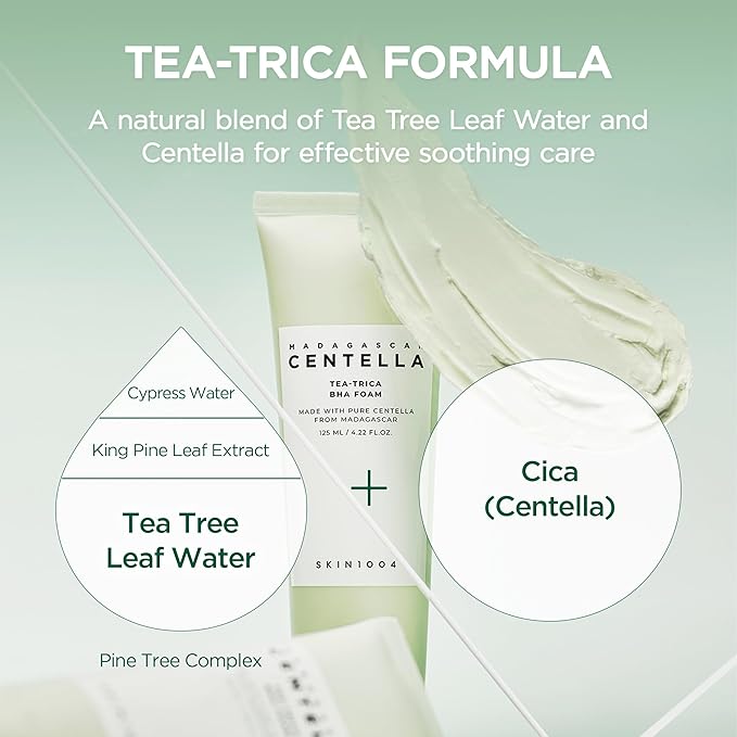 SKIN1004 Tea-Trica BHA Foam, Makeup Remover with Centella Asiatica & Tea Tree, Korean Face Cleanser for Oil & Sebum Balance, Cleansing Foam for Clearing Impurities, Korean Skin Care, 4.22 fl.oz /125ml