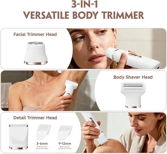 Bikini Trimmer for Women, Tiovara Painless Electric Razors Shaver IPX7 Waterproof Cordless Body Hair Trimmer Pubic Hair Removal with USB Charge Dock for Underarm Leg Arm Body Face Silk Skin (White)