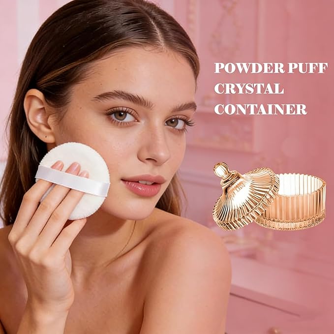 Body Powder Puff and Container, Soft Powder Puff,Glass Box for Dust Puff,Powder Puff for Body Powder,Powder Puff Wet Dry Makeup,Powder Applicator With Case for Dusting Powder (champagne)