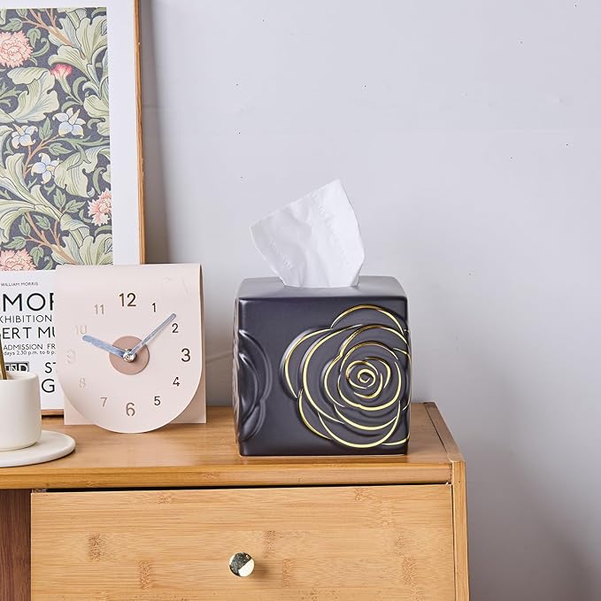 Black Ceramic Cube Tissue Box Cover with Gold Rose – Large Elegant Rose Floral Square Decorative Tissue Box Holder for Bathroom, Bedroom, Office Desk, Kitchen Counter – Perfect Housewarming Gift