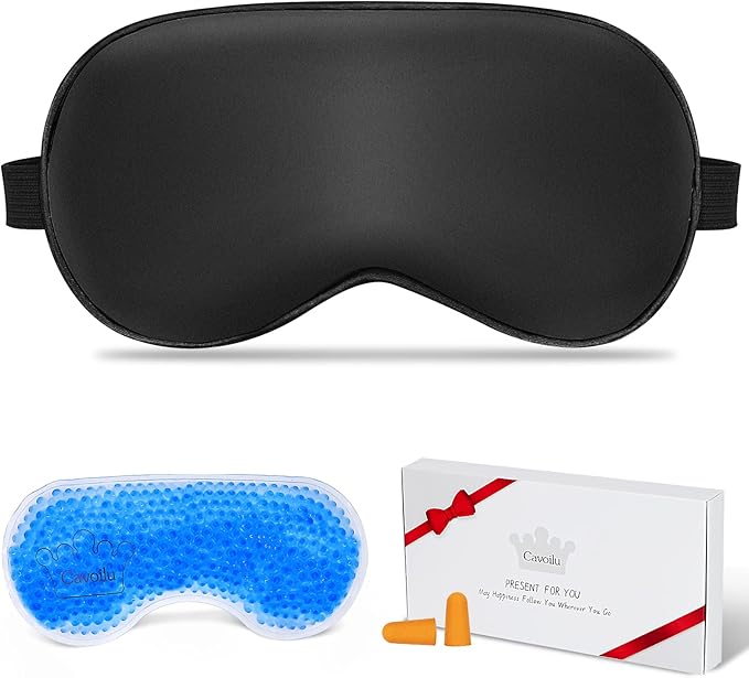 Eye Mask, Cooling Sleep Mask Gel Eye Mask for Sleeping, Black Silk Sleeping Mask for Travel, Gifts for Men Women, Stocking Stuffers