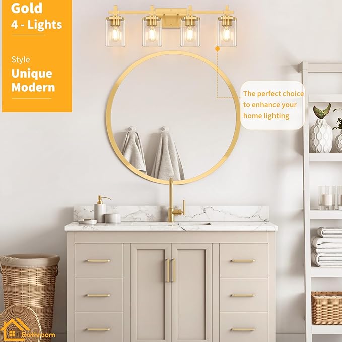 4-Lights Gold Bathroom Vanity Light Over Mirror, Brushed Gold Bathroom Wall Lights with Glass Shades, Indoor Wall Mounted Lamp for Living Room Bedroom Hallway