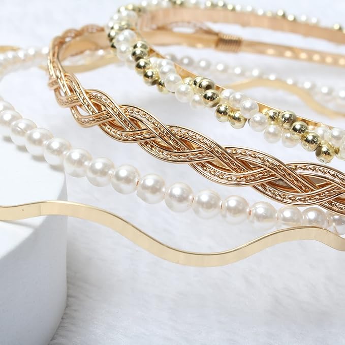 6PCS Different Designs Headbands for Women Gold Metal Hairband,Cute Pearl Hair Bands for Girls,Twisted Head Band,Black Padded Head Bands Set…