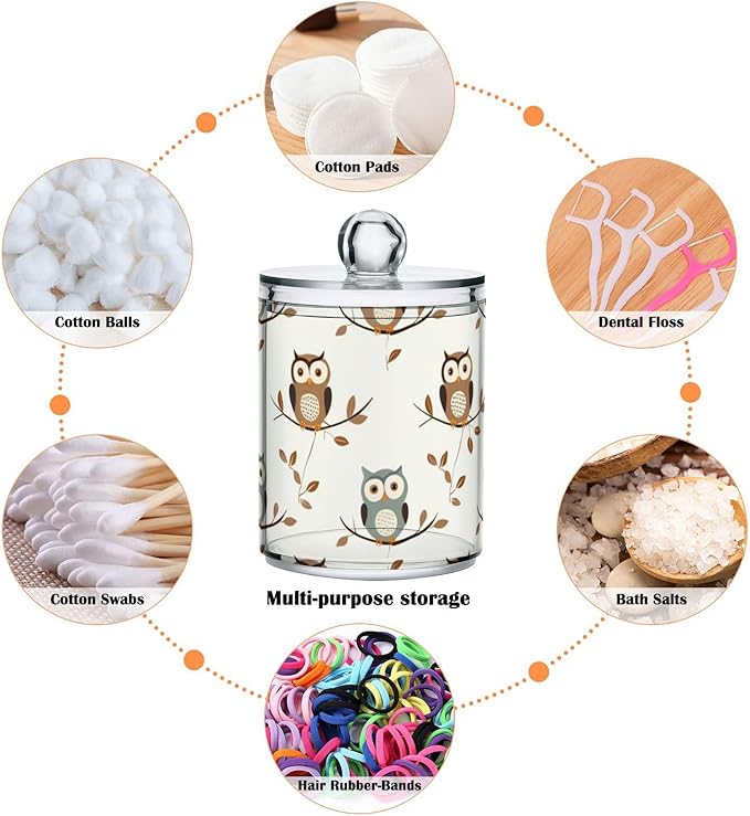 2 Pack Qtip Holder Dispenser for Cotton Ball Owl Forest Little Animal Cotton Swab Round Pads Clear Plastic Acrylic Jar Set Bathroom Canister