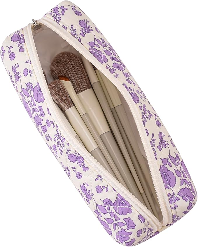 Cute Floral Makeup Brush Bag Small Cotton Quilted Cosmetic Bag for Women Travel Toiletry Zipper Make Up Pouch (Light Purple Floral)