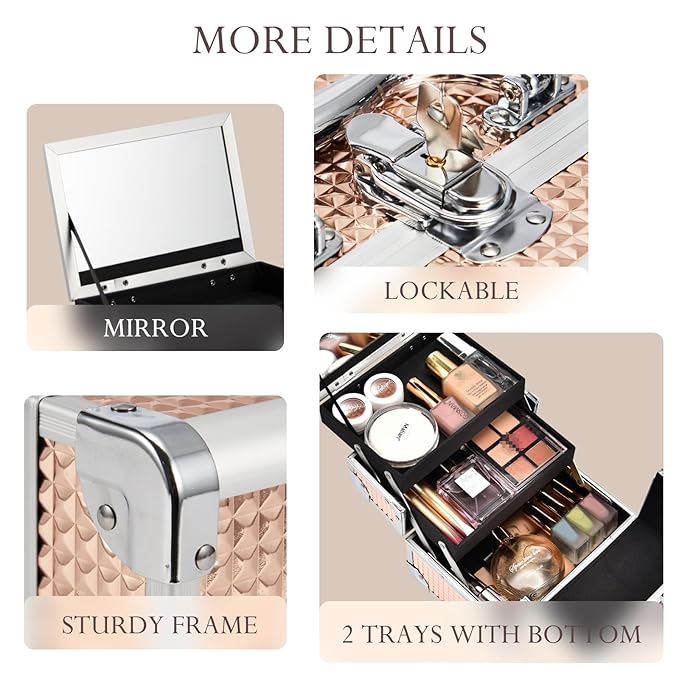 FRENESSA Makeup Case Train Case Portable Makeup Box with Mirror Lock Box Travel Cosmetic Train Cases Hard Makeup Organizer for Nail Craft Storage Vanity for Girl Rose Gold