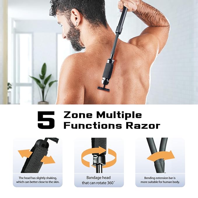 Safety Razor Extension Handle with Adjustable Length for Leg Razor,Back Shaver for Men,Multi-Function Extension Shaver Handle can be Fitted Lotion Applicator,Hair Brush for Wet or Dry - Black
