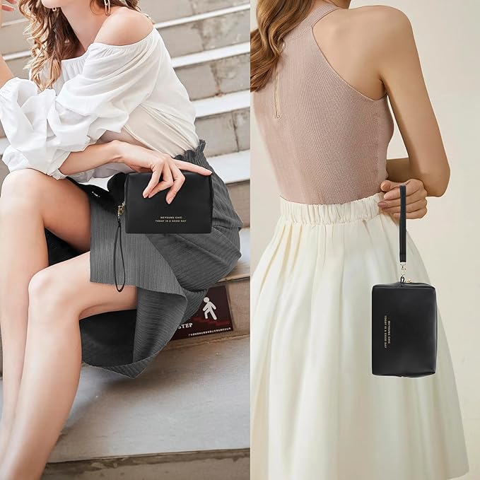 Small Makeup Bag Travel Cosmetic Bag Toiletry Zipper Pouch Make Up Organizer Bag with Handle Purse for Women Soft PU Leather Skincare Case (Black)