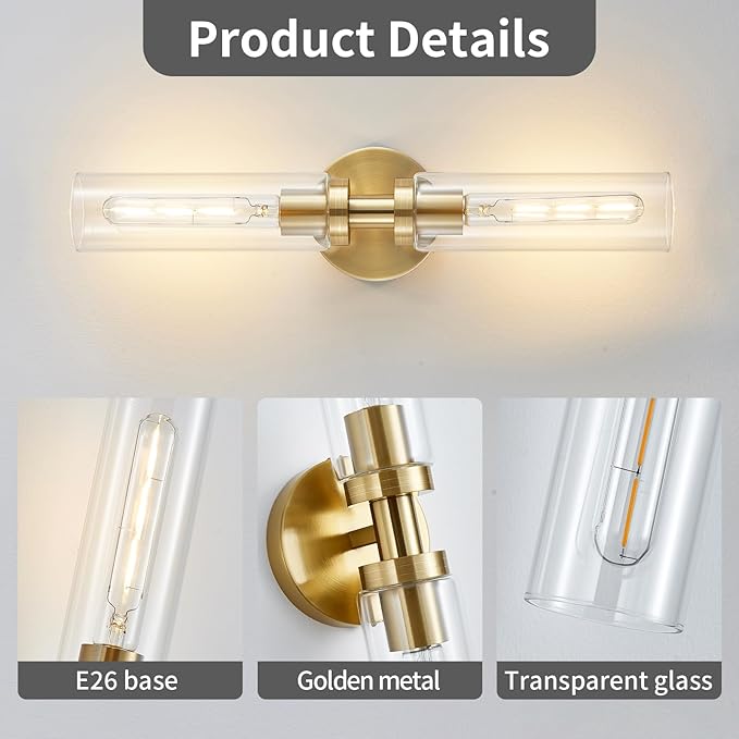 2 Light Bathroom Wall Sconce Set of 2,Modern Farmhouse Brushed Brass Gold Bathroom Light Fixture Over Mirror with Clear Glass Shade,Vanity Light for Hallway Cabinet Bedroom Stairway Porch