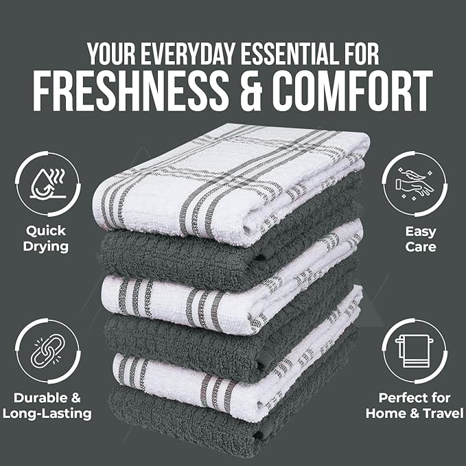 DAN RIVER Premium Kitchen Towels - [Pack of 12] 100% Cotton (16x 26 Inches) -Super Soft,Highly Absorbent, Quick Dry, Dish Towels for Kitchen Towels -Grey
