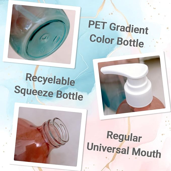 500ml Refillable Plastic Bottles with Pump Dispenser – 6 Pack Gradient Containers, BPA/Paraben-Free, Ideal for Travel Toiletries, Includes Labels