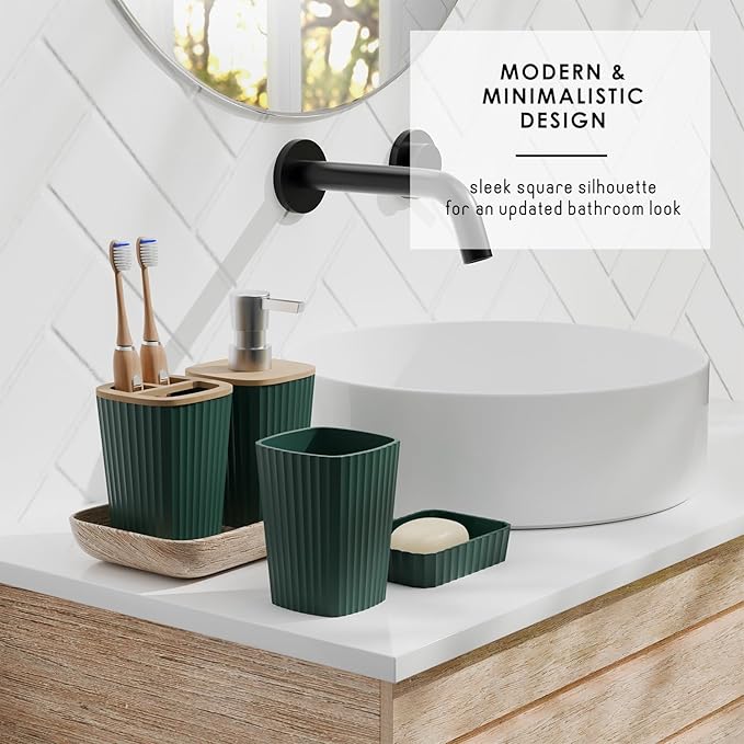 Clara Clark Bathroom Set - Hunter Green Bathroom Accessories Set, 6PC Bathroom Accessory Set, Bathroom Sets with Bathroom Rugs, Toilet Brush, Trash Can & Soap Dispenser