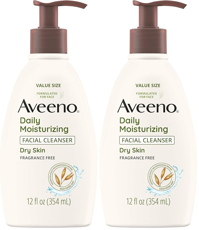 Aveeno Daily Moisturizing Facial Cleanser for Dry Skin,Gentle Face Cleanser with Soothing Oat for Skin that Feels Soft & Supple,Removes Dirt,Oil and Impurities,Fragrance Free,12 FL OZ,(Pack of 2)