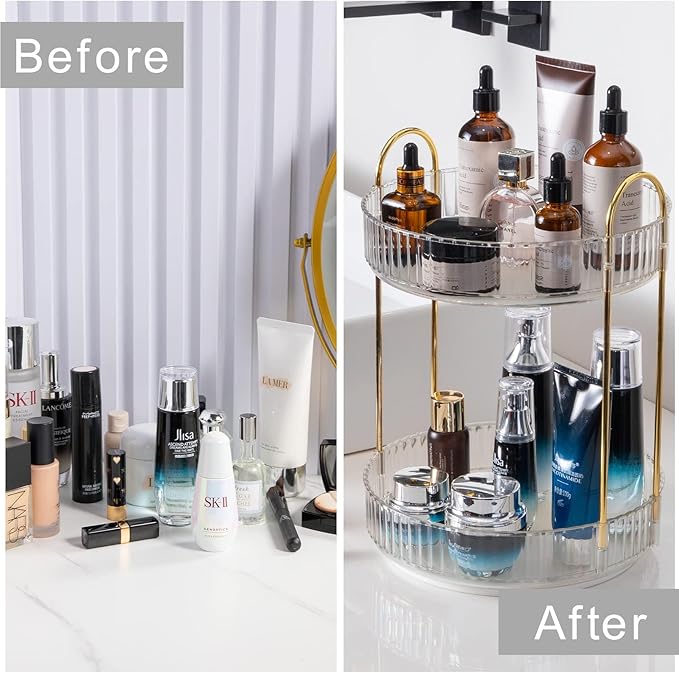 360° Rotating Makeup Organizer, Bathroom Make Up Spinning Holder Rack, Large Capacity Cosmetics Storage Vanity Shelf Countertop, Fits Cosmetics, Perfume, Skincare(2 Tiers, Clear)