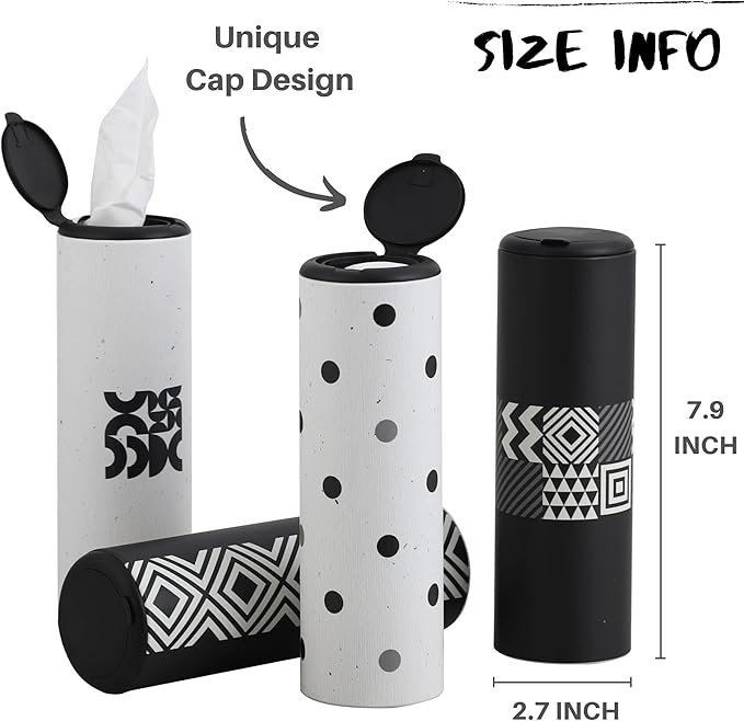 Car Tissue Holder with Facial Tissues Bulk - 4 PK Car Tissues Cylinder with Cap, Tissue Holder for Car, Travel Tissues for Car Cup Holder, Refill Car Tissue Box Round Container