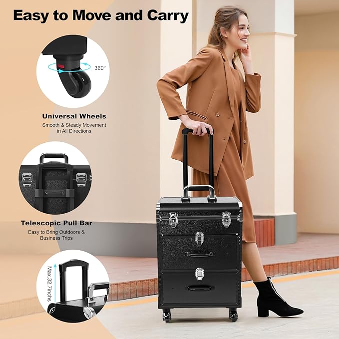 Lockable Makeup Train Case,110lbs Rolling Hairdressing Trolley,Beauty Salon Cosmetic Luggage with Universal Wheels for Hair Stylist,Make-up Artists,Hairdressers (Black 5)