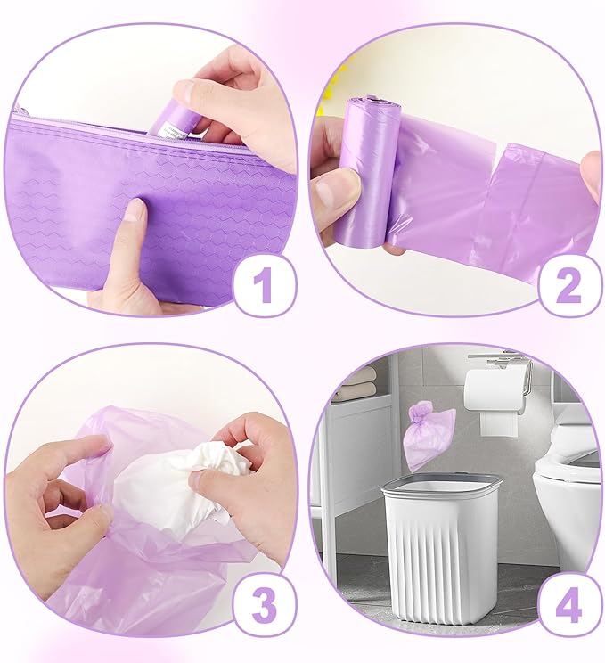 146Pcs Disposal Sanitary Napkin Bags, Purple Feminine Privacy Protection Sanitary Tampons Menstrual Liners Bag, Personal Disposal Hygiene Period Diapers Bag for Women (144pcs with 2pcs Zipper Bags)