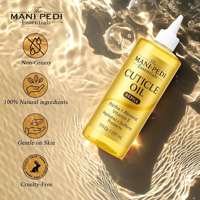 Professional Cuticle Oil Refill/Bulk Pack with precision nozzle for easy refilling - 7 Fl Oz. Enriched with Jojoba Oil, Vitamin E & Sweet Almond Oil. Nail Tech Supplies for Nourished Nails & Cuticles