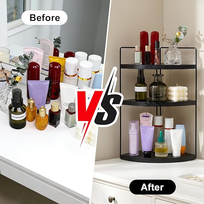 Corner Bathroom Counter Organizer Countertop Black, 2 Pack 3 Tier Corner Shelf Wood Vanity Tray Easy Assembly Space Saving Shelf for Kitchen, Bathroom, Dresser, Makeup, Office