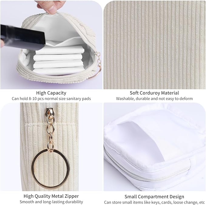 Sanitary Napkin Storage Bag, Preppy Corduroy Period Bag for Women, Cute Portable Period Pouch with Zipper, Sanitary Pads Bag Tampons Holder for Purse, First Period for Women Ladies