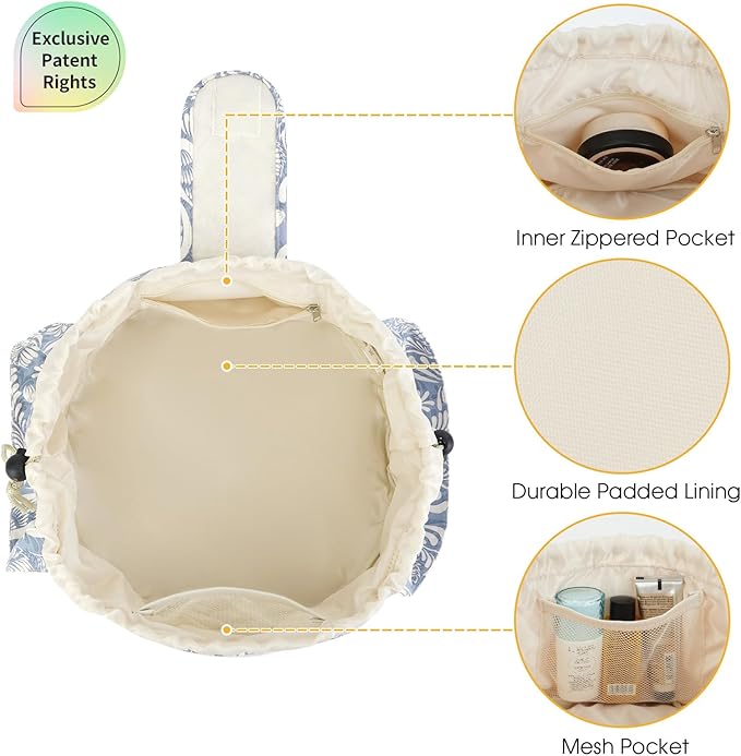 Barrel Drawstring Makeup Bag Large Cosmetic Bag Make up Bags Toiletry Organizer for Women (Blue Leaf) (Patent)