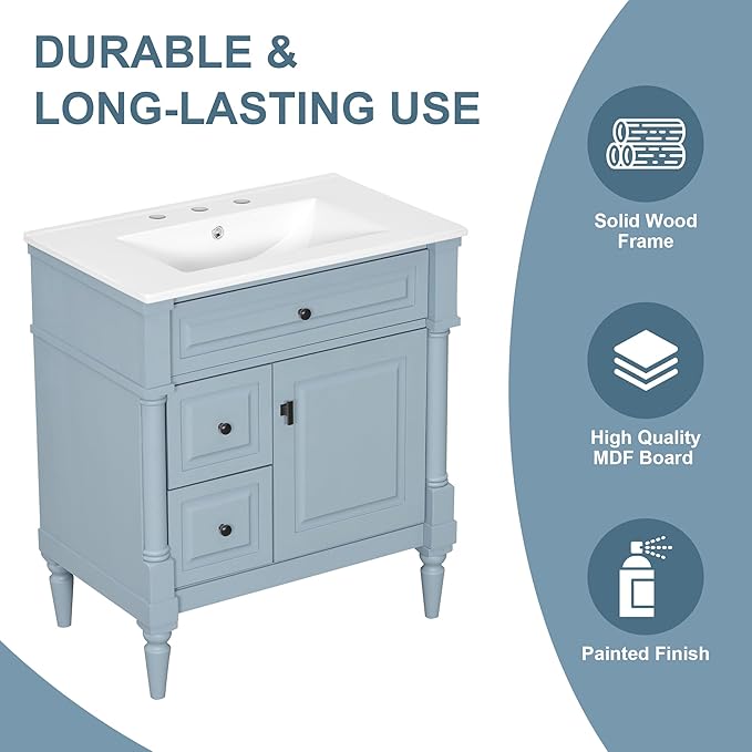 Harper & Bright Designs 30" Bathroom Vanity with Sink, Free Standing Bathroom Vanity Set with Flip Drawer, 2 Drawers, and Adjustable Shelf, Storage Cabinet with Ceramic Basin for Bathroom, Blue Grey