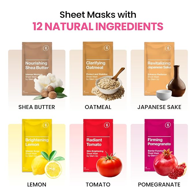 GLAM UP Korean Facial Sheet Mask 12 Combo Pack | Hydrating & Moisturizing Face Mask for Glass Skin | Soothing Korean Skincare for Sensitive, Dry Skin | Bulk Face Masks Gift Set for Home Spa
