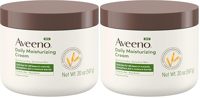 Aveeno Daily Moisturizing Cream with Prebiotic Oat & Shea Butter for Body,Face & Hands Moisturizer Cream,Hydrates Normal to Dry,Sensitive Skin,Fragrance Free,Non-Comedogenic,20 oz,(Pack of 2)
